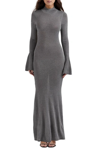 House Of Cb Sancha Open Back Long Sleeve Semisheer Body-con Maxi Dress In Grey