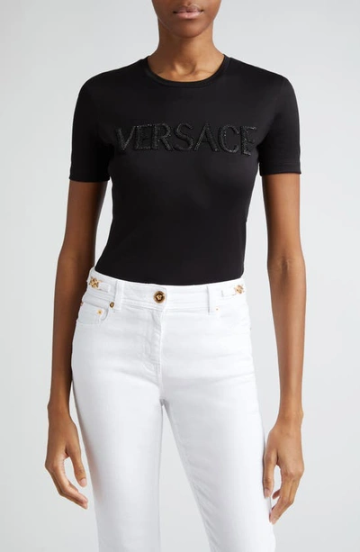 Versace Slim Fit Crystal Embellished Logo T-shirt In Black