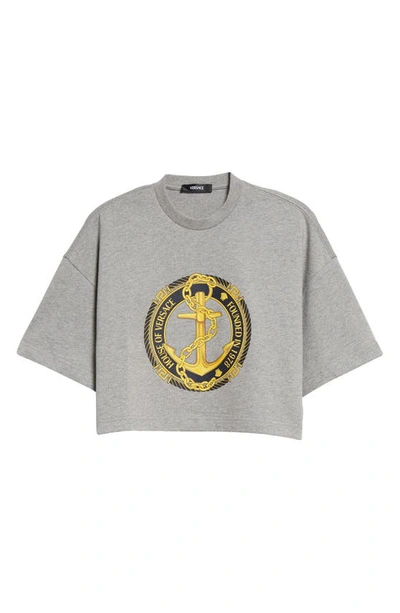 Versace Anchor Logo Crop Graphic T-shirt In Grey Mélange/multicolor