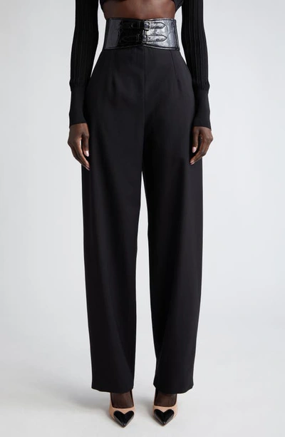 Alaïa Leather Trim Belted Stretch Wool Trousers In Noir Alaia