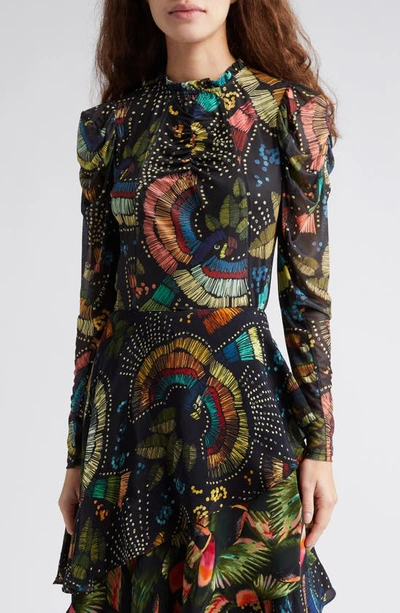 Farm Rio Colorful Birds Long Sleeve Mesh Shirt In Black ModeSens