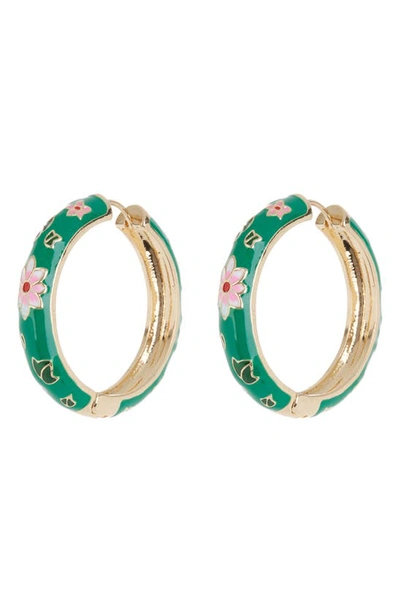 Tasha Floral Enamel Hoop Earrings In Green