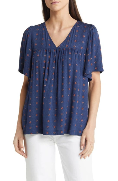 Caslon Print V-neck Gauze Top In Navy Peacoat- Rust Ditsy Geo