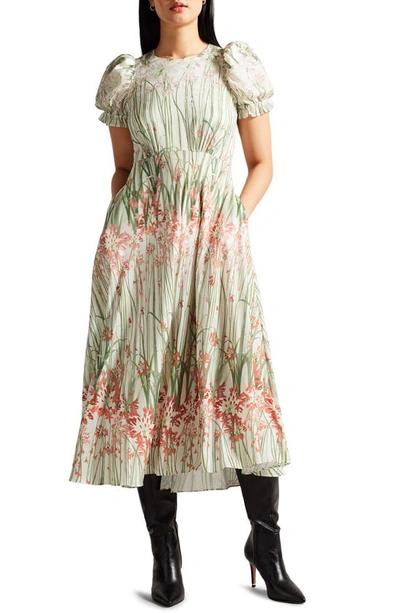 Ted Baker Zahrria Floral Short Sleeve Midi Dress In Ivory