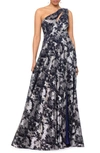 Betsy & Adam Metallic Floral One-shoulder Gown In Navy/ Gunmetal