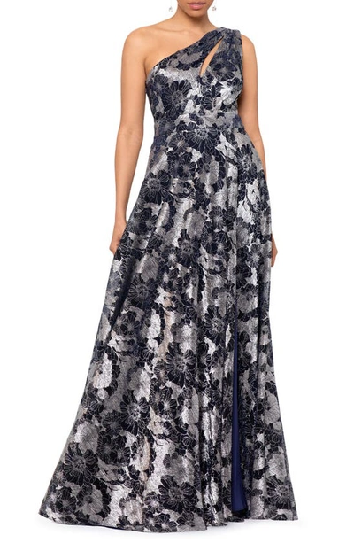 Betsy & Adam Metallic Floral One-shoulder Gown In Navy/ Gunmetal