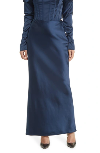 House Of Cb Charlene Satin Maxi Skirt In Navy