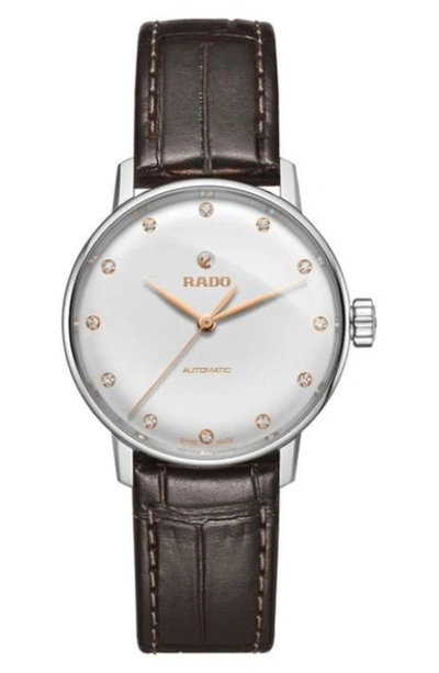 Rado Coupole Classic Leather Strap Diamond Automatic Watch, 32mm In Brown/ Silver