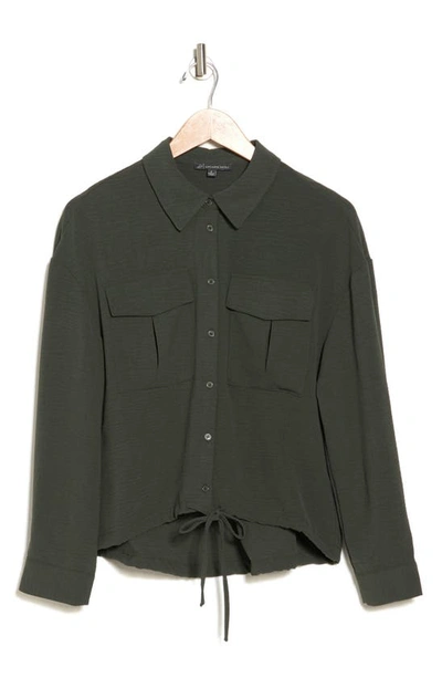 Adrianna Papell Drawstring Waist Button-up Blouse In Dusty Olive