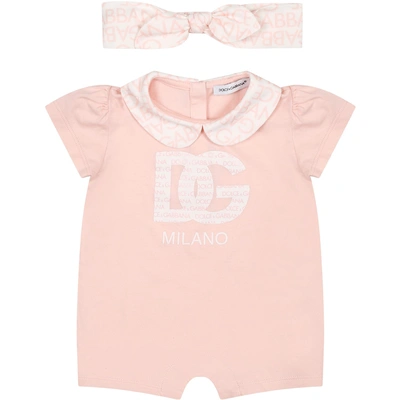 Dolce & Gabbana Pink Romper For Baby Girl With Logo