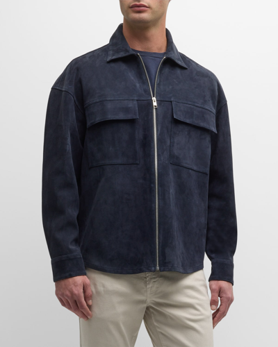 Frame Clean Suede Zip Front Shirt In Dark Navy