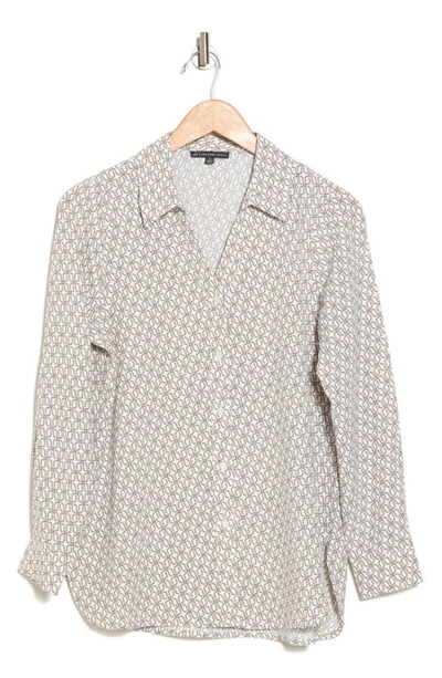 Adrianna Papell Text Print Button-up Shirt In Ivory Tan Chain Geo