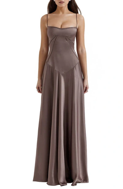 House Of Cb Anabella Lace-up Satin Gown In Pebble Grey