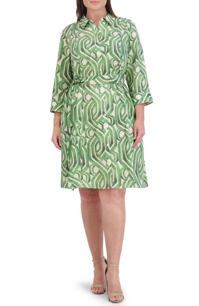 Foxcroft Fiona Watercolor Print Three-quarter Sleeve Belted Shirtdress In Green Multi