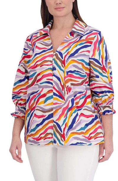 Foxcroft Alexis Stripe Smocked Sleeve Cotton Popover Top In Multi