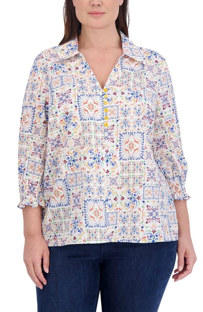 Foxcroft Alexis Watercolor Print Smocked Sleeve Cotton Popover Top In Multi