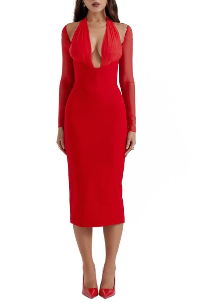 House Of Cb Yasmin Long Sleeve Body-con Midi Cocktail Dress In True Red