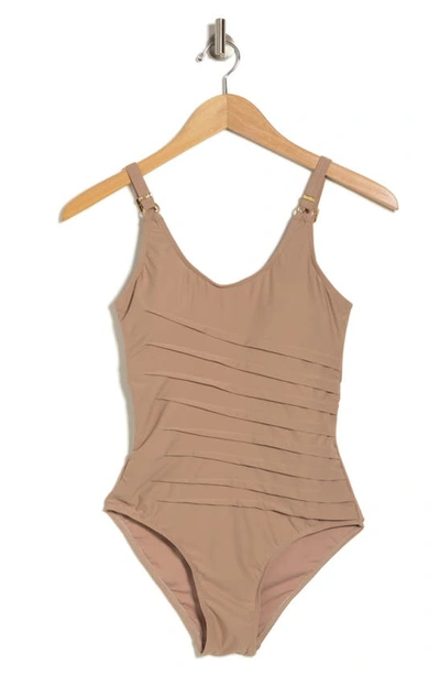 Catherine Malandrino Pleat One-piece Swimsuit In Warm Taupe