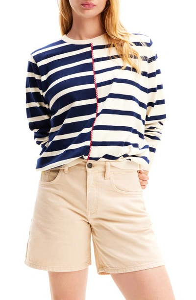 Desigual Jers Tula Mixed Stripe Cotton Sweater In White