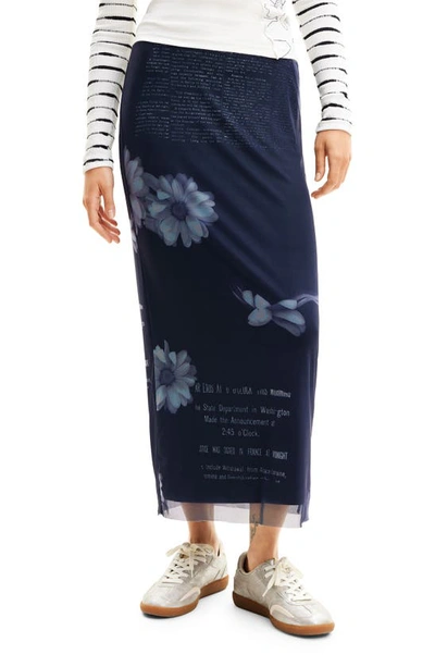 Desigual Tulle Newspaper Midi Skirt In Blue