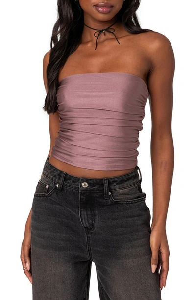 Edikted Maxeen Shiny Ruched Tube Top In Mauve