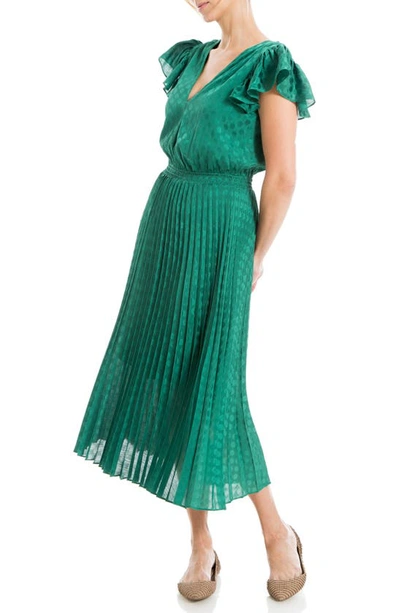 Max Studio Polka Dot Pleated Satin Midi Dress In Jade