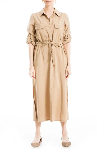 Max Studio Roll Sleeve Utility Maxi Shirtdress In Khaki