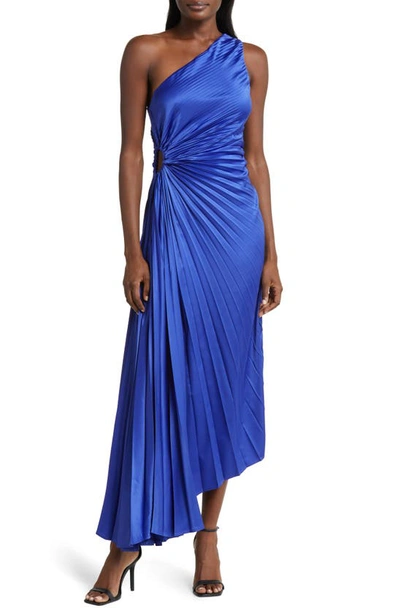 Socialite Print Asymmetric Hem Pleated Maxi Dress In Royal Blue