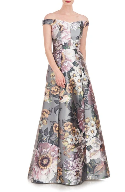 Kay Unger Garland Floral Print Off The Shoulder Gown In Sage Gray