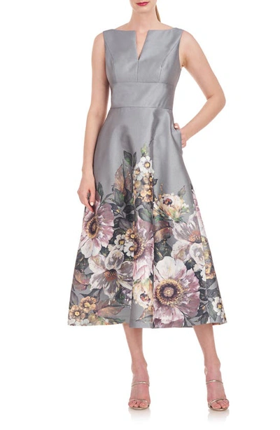 Kay Unger Marlene Floral Print A-line Dress In Sage Gray