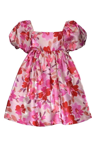 Iris & Ivy Kids' Floral Puff Sleeve Jacquard Satin Party Dress In Fuchsia