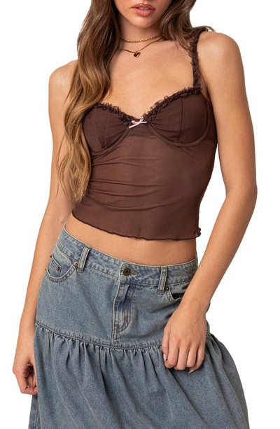 Edikted Mercy Sheer Mesh Bra Top In Brown