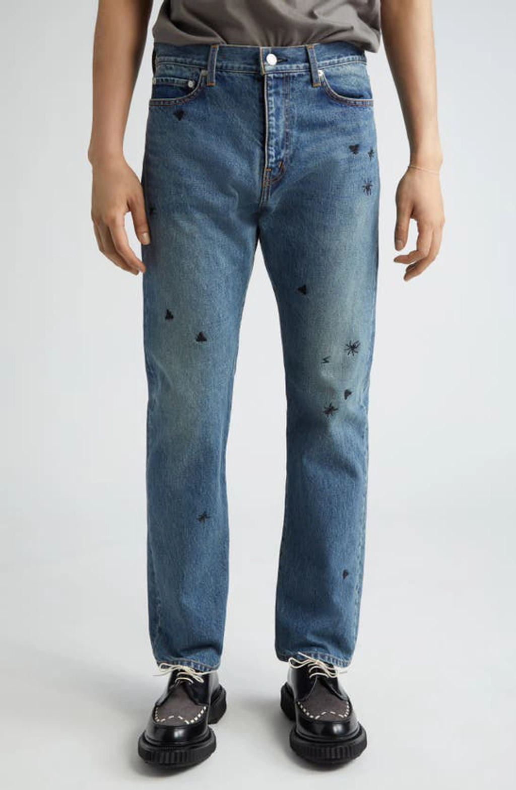 Undercover Bug Embroidered Straight Leg Jeans In Light Blue