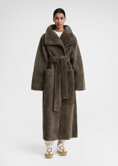 Totême Belted Teddy Shearling Coat Cement Green