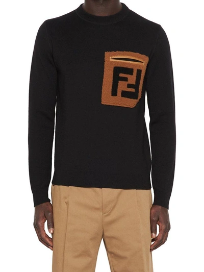 Fendi Ff Shearling-pocket Wool Sweater In Black