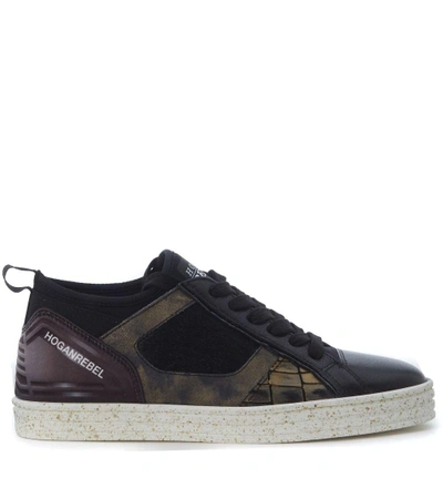 Hogan Rebel Sneaker  R 141 In Black Leather And Cow Hair With Crocodile Print In Nero