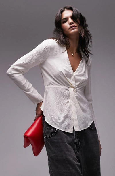 Topshop Twist Front Top In Khaki-green In White