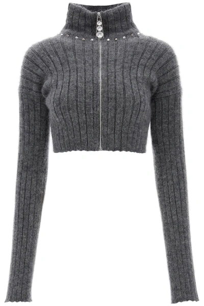 Alessandra Rich Cropped Cardigan With Zipper And Appliques In Grey