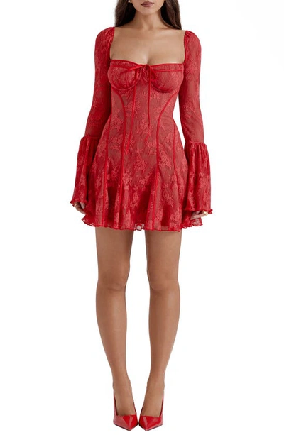 House Of Cb Analissa Long Sleeve Lace Minidress In True Red