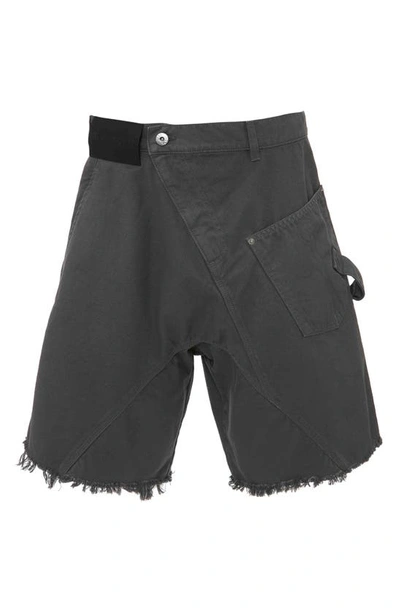 Jw Anderson Twisted Cutoff Stretch Cotton Workwear Shorts In Grey