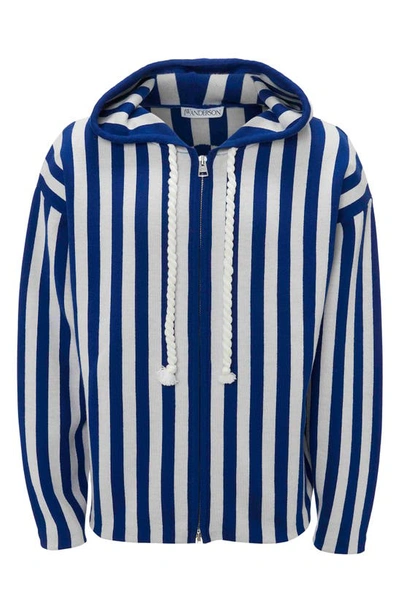 Jw Anderson Anchor Stripe Wool Full Zip Hoodie In Blue/ White