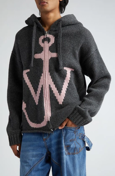 Jw Anderson Anchor Intarsia Hooded Wool Sweater In Charcoal