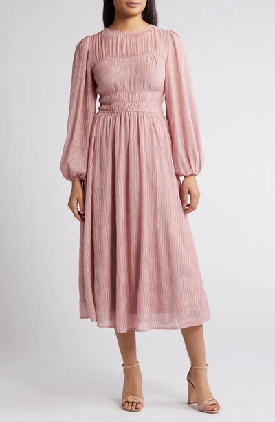Zoe And Claire Shirred Long Sleeve Midi Dress In Blush