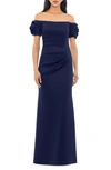 Xscape Rosette Off The Shoulder Scuba Gown In Midnight