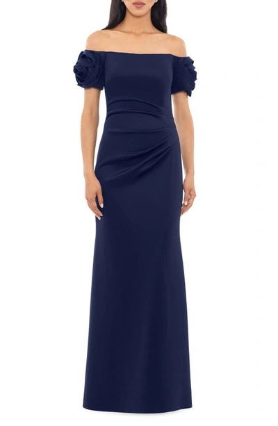 Xscape Rosette Off The Shoulder Scuba Gown In Midnight