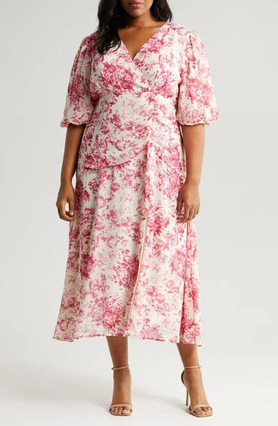 Chelsea28 Forget Me Not Floral Print Puff Sleeve Midi Dress In Beige A- Pink Antique Tapestry