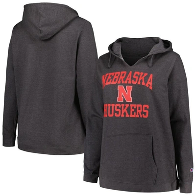 Champion Women's  Heather Charcoal Nebraska Huskers Plus Size Heart & Soul Notch Neck Pullover Hoodie