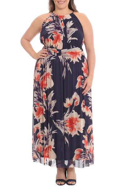 Maggy London Floral Maxi Dress In Navy Coral Taupe