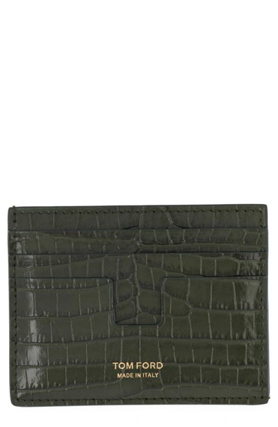 Tom Ford T-line Croc Embossed Leather Card Holder In Rifle Green