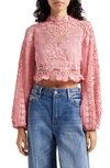 Farm Rio Guipure Lace Long Sleeve Crop Top In Pink